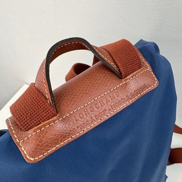 LONGCHAMP Le Pliage Backpack Navy Brown Snap Button Top Handle Adjustable FRANCE - Picture 5 of 12